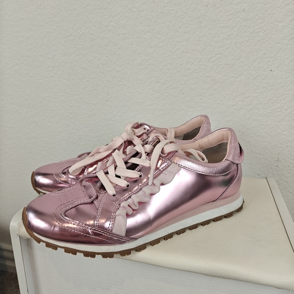 Tory Burch Women's Ruffle Trainer Leather Lace Up Sneakers Metallic Pink Size 8M - Picture 10 of 16